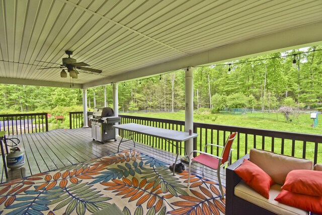 210 Edwin Ln, Stroudsburg, PA 18360 - wooden terrace featuring a ceiling fan and a grill