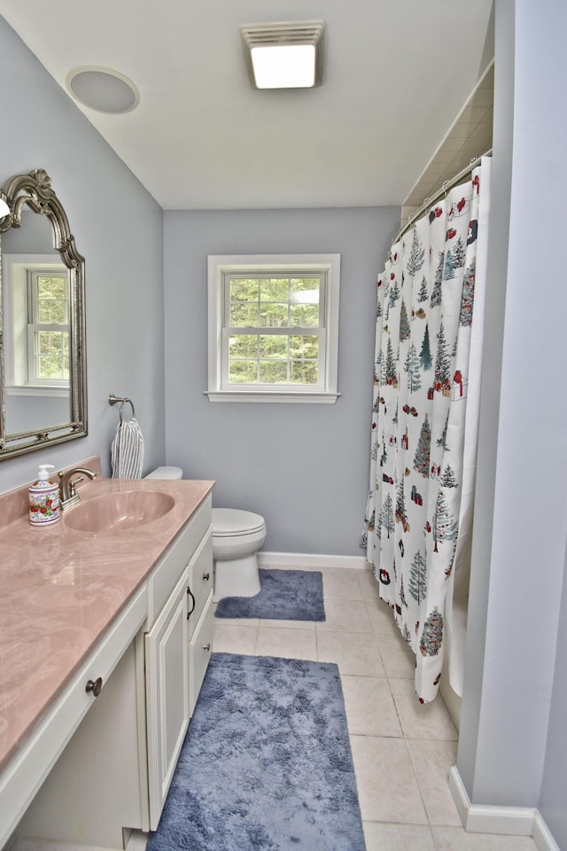 210 Edwin Ln, Stroudsburg, PA 18360 - bathroom featuring vanity, tile patterned flooring, toilet, a shower with shower curtain, and baseboards