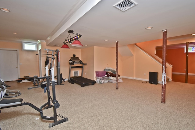 210 Edwin Ln, Stroudsburg, PA 18360 - exercise room featuring recessed lighting, ornamental molding, carpet floors, and baseboards