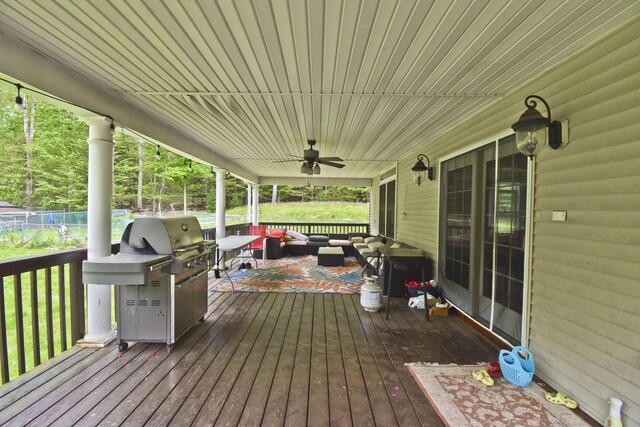 210 Edwin Ln, Stroudsburg, PA 18360 - wooden terrace featuring an outdoor hangout area, a ceiling fan, and a grill