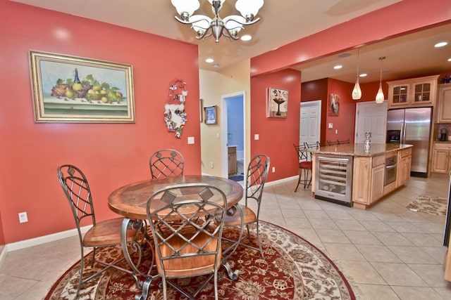 210 Edwin Ln, Stroudsburg, PA 18360 - dining room with beverage cooler, light tile patterned floors, recessed lighting, a chandelier, and baseboards