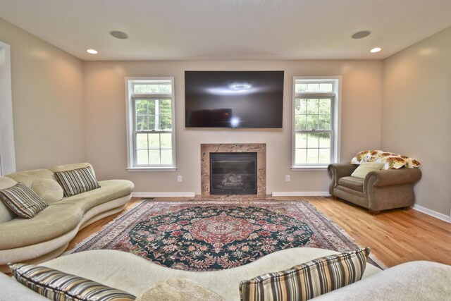 210 Edwin Ln, Stroudsburg, PA 18360 - living area featuring baseboards, a premium fireplace, wood finished floors, and recessed lighting