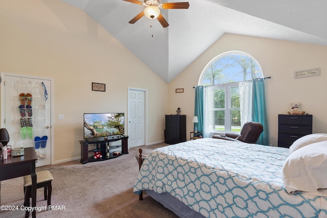 carpeted bedroom with ceiling fan, high vaulted ceiling, and baseboards