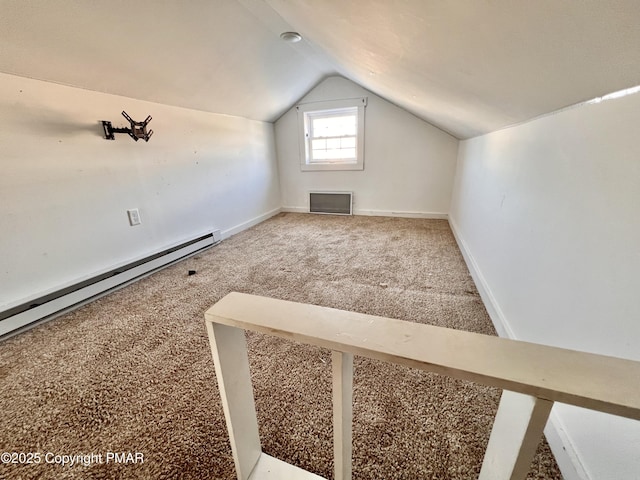 bonus room featuring carpet flooring, baseboards, a baseboard heating unit, and lofted ceiling