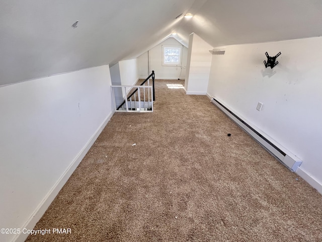 bonus room with vaulted ceiling, baseboards, carpet, and a baseboard radiator