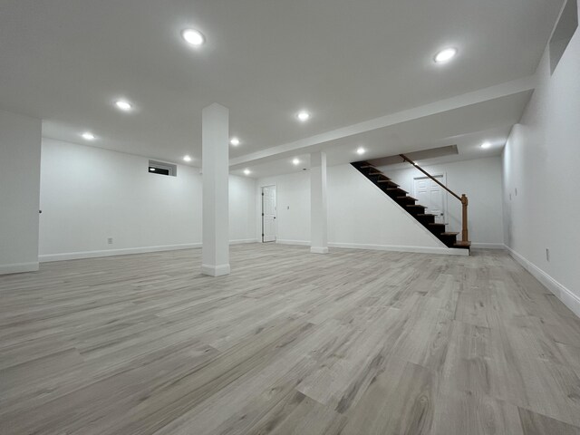 3015 Mountain Ter, Stroudsburg, PA 18360 - finished basement featuring stairs, light wood-style flooring, and recessed lighting