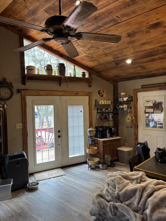 82 Pocono Rd, Albrightsville, PA 18210 - living room featuring wood ceiling, wood finished floors, a ceiling fan, and vaulted ceiling