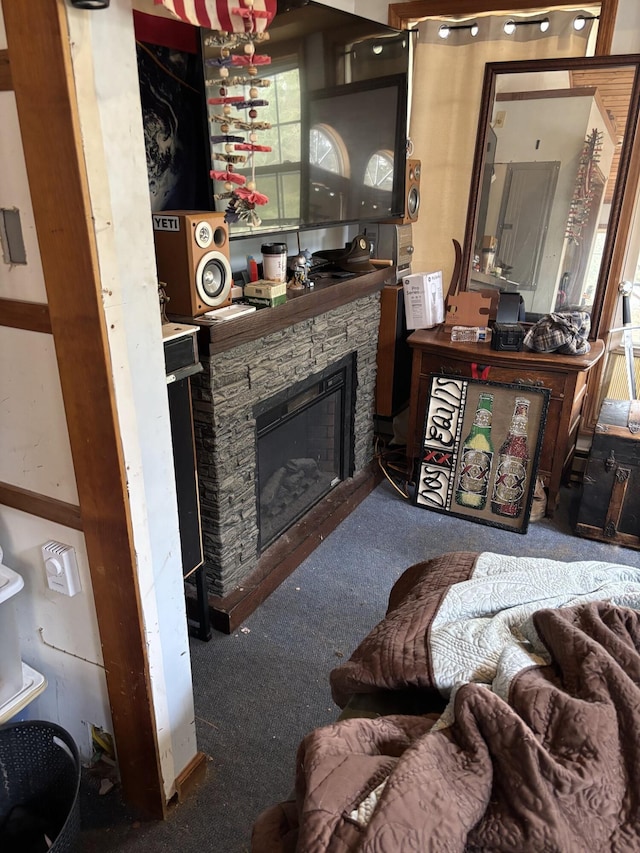 82 Pocono Rd, Albrightsville, PA 18210 - living area with carpet floors and a stone fireplace