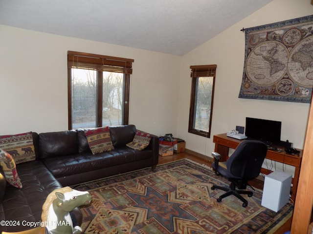 home office featuring dark hardwood / wood-style floors and vaulted ceiling