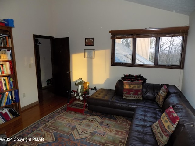 living area with wood finished floors and vaulted ceiling