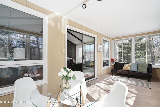 sunroom / solarium featuring lofted ceiling and plenty of natural light