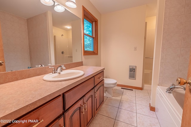 full bathroom featuring tile patterned flooring, heating unit, vanity, plus walk in shower, and toilet