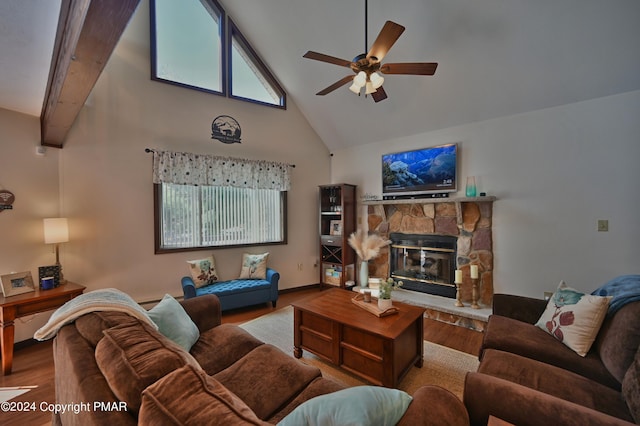292 Mckuen Way, Albrightsville, PA 18210 - living area featuring a healthy amount of sunlight, wood finished floors, high vaulted ceiling, and ceiling fan