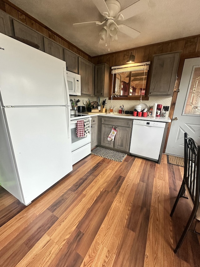 kitchen featuring light countertops, a ceiling fan, white appliances, dark brown cabinets, and wood finished floors