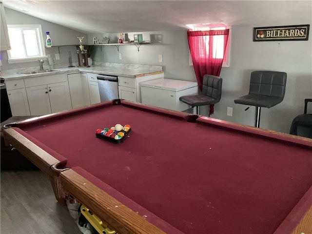 106 Lakota Rd, East Stroudsburg, PA 18302 - recreation room with a sink, pool table, wood finished floors, and lofted ceiling