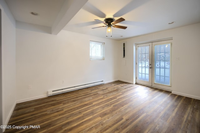 empty room featuring wood finished floors, baseboards, ceiling fan, french doors, and a baseboard heating unit