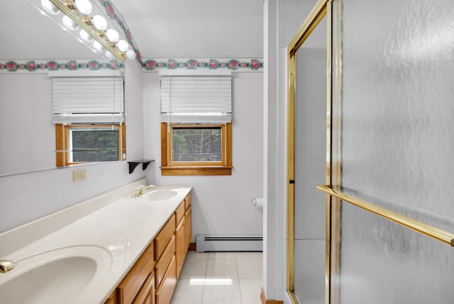 4620 Buck Valley Cir E, Stroudsburg, PA 18301 - full bathroom featuring baseboard heating, double vanity, tile patterned floors, and a shower stall