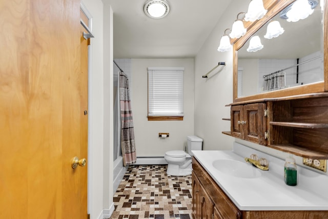 4620 Buck Valley Cir E, Stroudsburg, PA 18301 - full bath featuring a baseboard radiator, vanity, and shower / bathtub combination with curtain