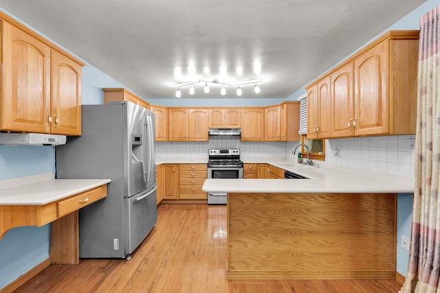 4620 Buck Valley Cir E, Stroudsburg, PA 18301 - kitchen with stainless steel appliances, a peninsula, light wood-style flooring, and decorative backsplash