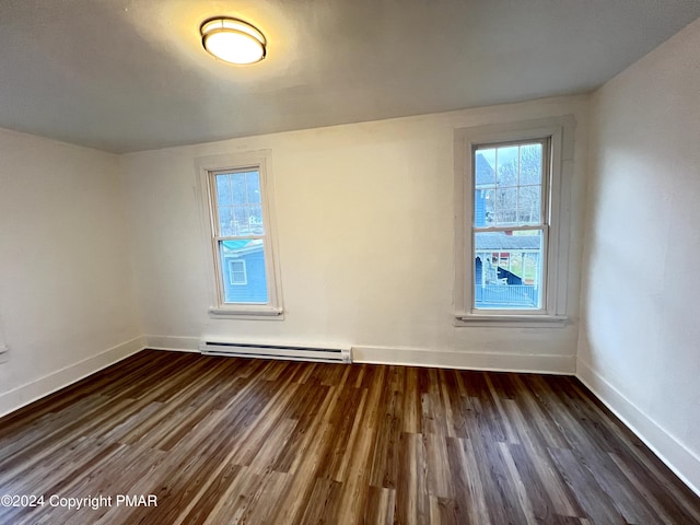 unfurnished room featuring dark wood-type flooring, a baseboard radiator, and baseboards