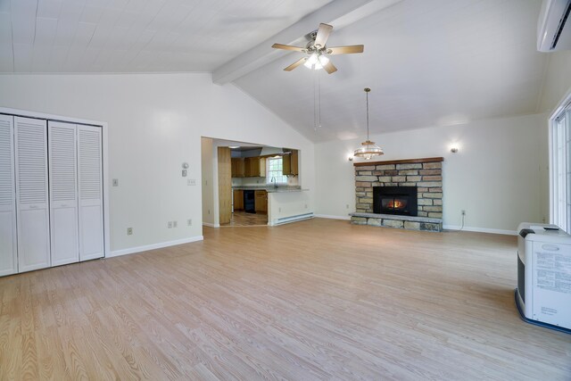 289 Towamensing Trl, Albrightsville, PA 18210 - unfurnished living room featuring an AC wall unit, ceiling fan, and light wood-style floors