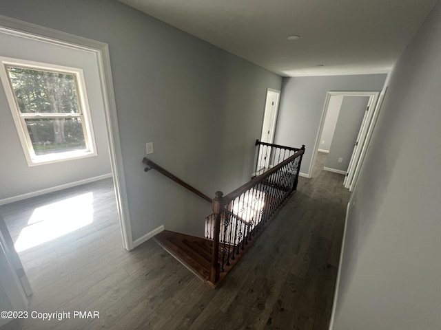 stairway featuring wood finished floors and baseboards