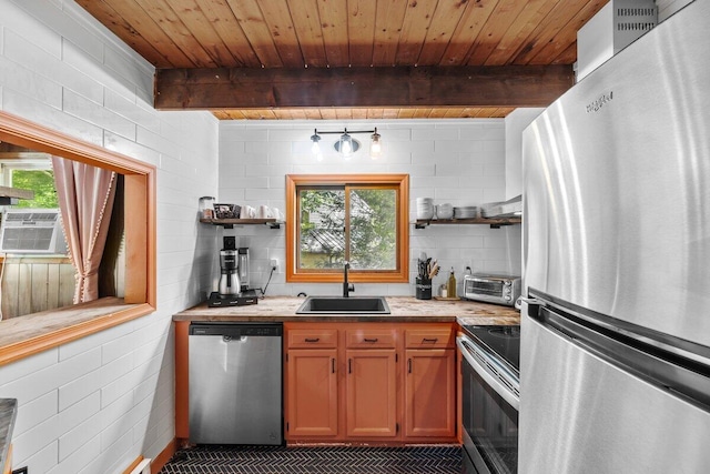 322 Clubhouse Dr, East Stroudsburg, PA 18302 - kitchen featuring appliances with stainless steel finishes, a sink, open shelves, wood ceiling with exposed beams, and light countertops