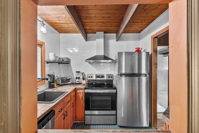322 Clubhouse Dr, East Stroudsburg, PA 18302 - kitchen featuring appliances with stainless steel finishes, wall chimney range hood, wood ceiling with exposed beams, light countertops, and decorative backsplash