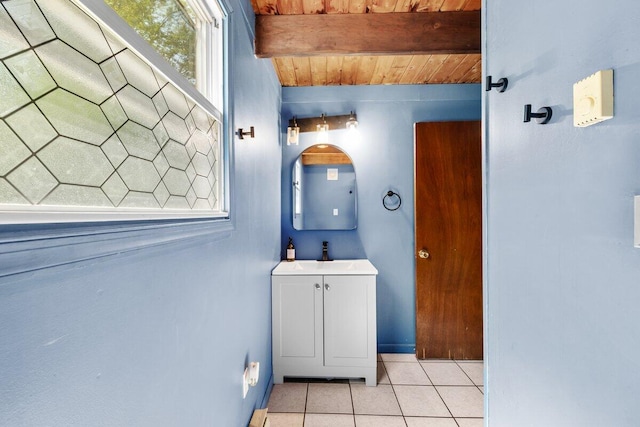 322 Clubhouse Dr, East Stroudsburg, PA 18302 - bathroom with tile patterned floors, vanity, and wooden ceiling with exposed beams