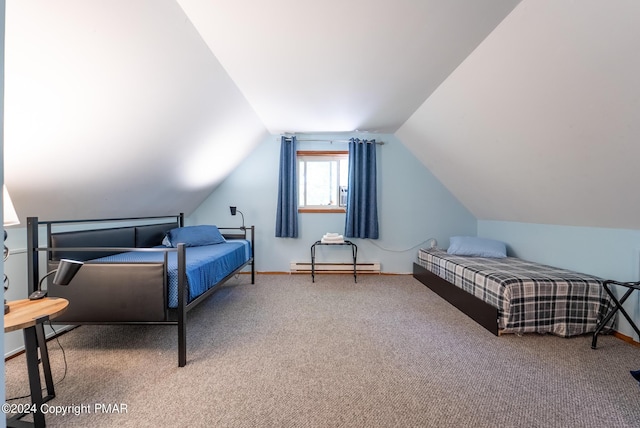 bedroom featuring vaulted ceiling, baseboards, carpet floors, and a baseboard radiator