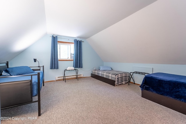 carpeted bedroom featuring a baseboard heating unit and lofted ceiling