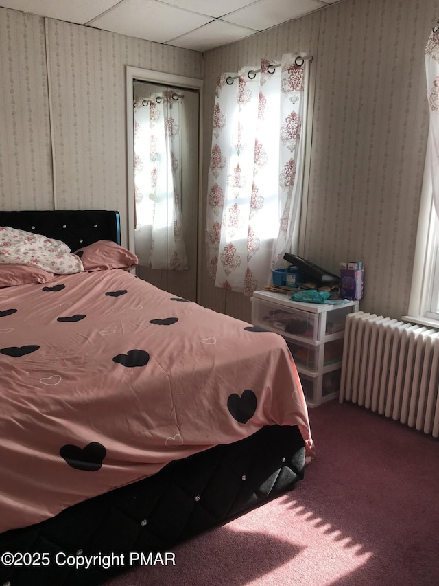 carpeted bedroom featuring radiator