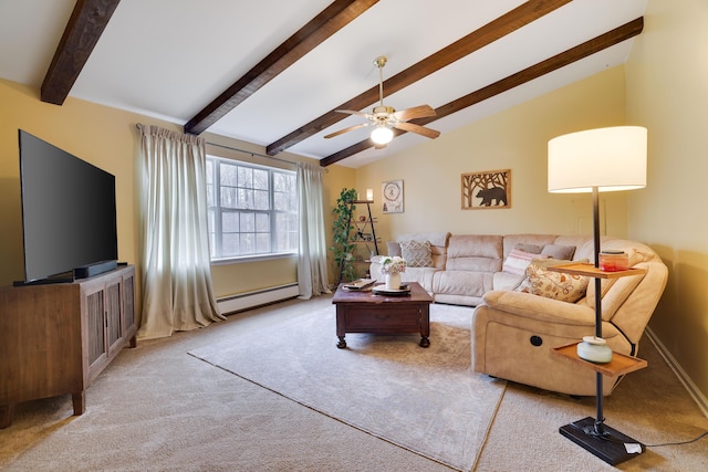 carpeted living room featuring a ceiling fan, vaulted ceiling with beams, and baseboard heating