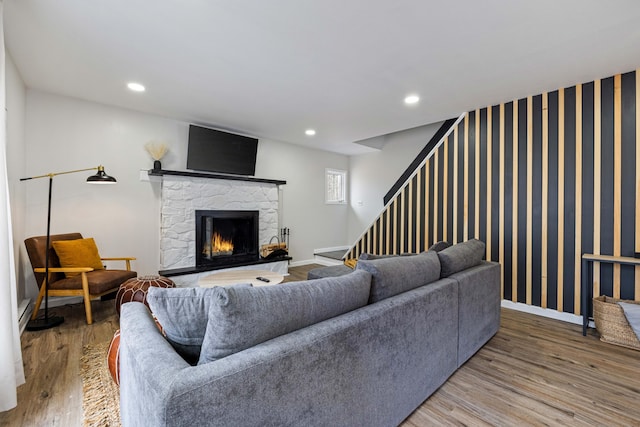 130 Sweet Briar Rd, Pocono Pines, PA 18350 - living area featuring stairway, wood finished floors, a fireplace, baseboards, and recessed lighting