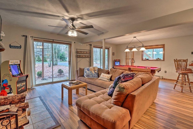 54 Spencer Ln, Albrightsville, PA 18210 - living room with pool table, light wood-style floors, plenty of natural light, and ceiling fan