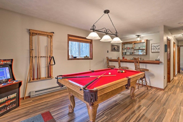 54 Spencer Ln, Albrightsville, PA 18210 - rec room featuring a baseboard heating unit, wood finished floors, billiards, and a bar