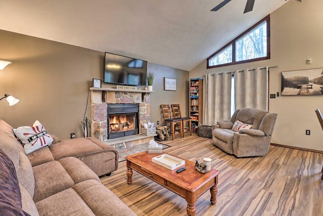 54 Spencer Ln, Albrightsville, PA 18210 - living room featuring a fireplace, wood finished floors, high vaulted ceiling, and a ceiling fan