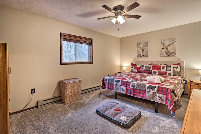 54 Spencer Ln, Albrightsville, PA 18210 - bedroom featuring baseboard heating, carpet floors, a baseboard heating unit, a ceiling fan, and a textured ceiling