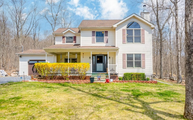 traditional home featuring a porch, a front yard, a garage, and a chimney