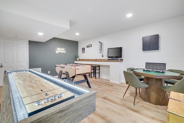 playroom with recessed lighting, baseboards, and wood finished floors