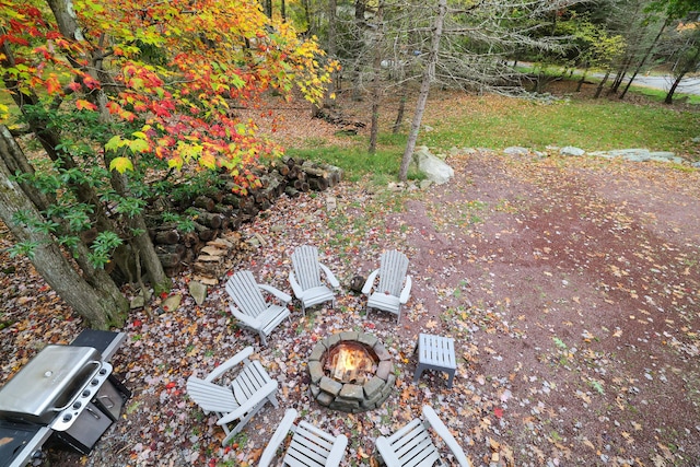 view of yard featuring an outdoor fire pit