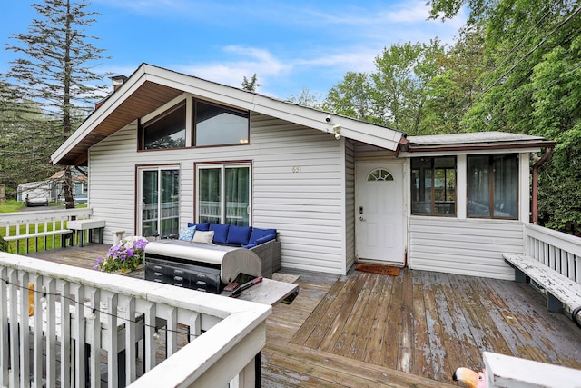 1900 Horseshoe Bnd, Tobyhanna, PA 18466 - wooden deck featuring an outdoor hangout area and a sunroom