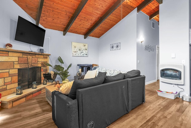 1900 Horseshoe Bnd, Tobyhanna, PA 18466 - living area with a fireplace, heating unit, wooden ceiling, and wood finished floors