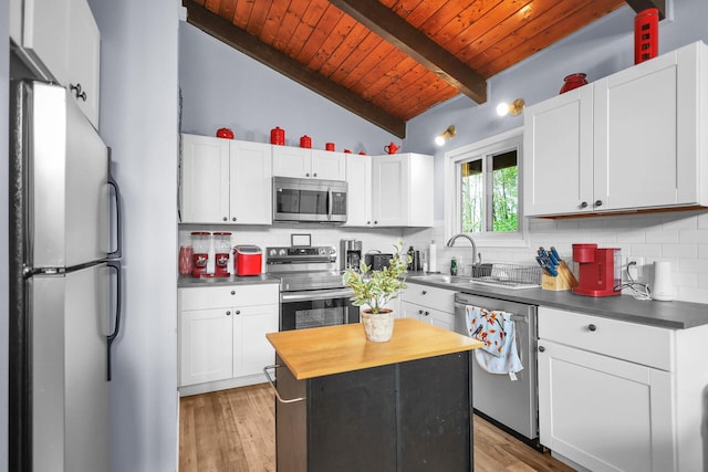 1900 Horseshoe Bnd, Tobyhanna, PA 18466 - kitchen featuring appliances with stainless steel finishes, wood ceiling, backsplash, white cabinets, and wood counters
