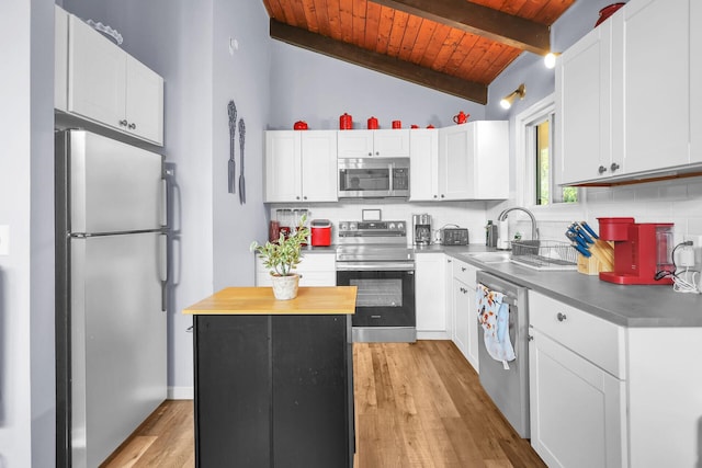 1900 Horseshoe Bnd, Tobyhanna, PA 18466 - kitchen with appliances with stainless steel finishes, wooden ceiling, light wood-style flooring, a center island, and white cabinets