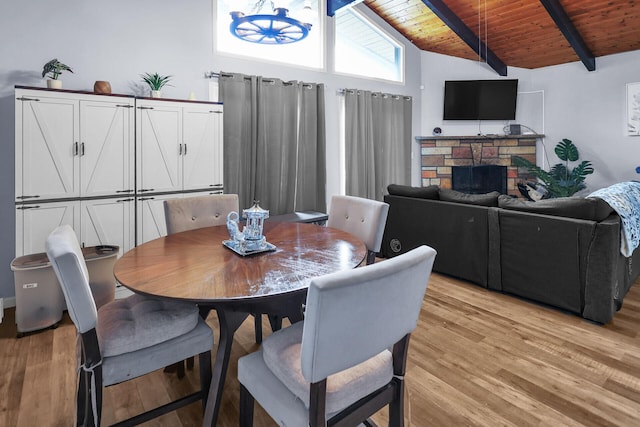 1900 Horseshoe Bnd, Tobyhanna, PA 18466 - dining space with wood ceiling, light wood-style flooring, and a fireplace