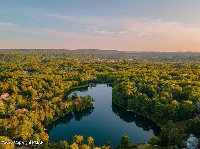 aerial view at dusk featuring a water view