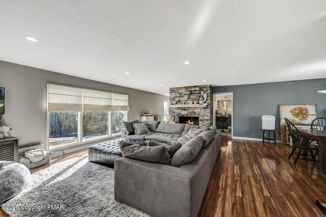 living room with a stone fireplace and dark hardwood / wood-style floors