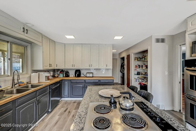 kitchen with black dishwasher, butcher block counters, sink, and electric cooktop