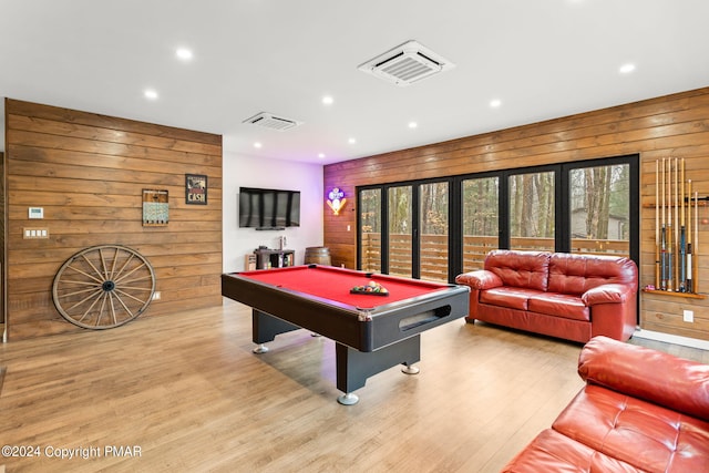 recreation room featuring visible vents, wood walls, pool table, and light wood-style flooring